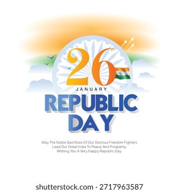 Un elegante Vector del Día de la República con 26 dentro de Ashoka Chakra, aviones voladores y Elementos de bandera. Ideal para sellos de marca, insignias escolares, carteles y promociones de eventos nacionales.