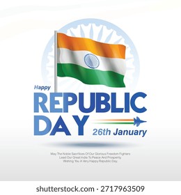 Elegante Vector del Día de la República con bandera india y aviones de combate que dejan huellas tricolores. Ideal para celebraciones patrióticas, carteles con temas de defensa, campañas del 26 de enero y promociones de eventos.