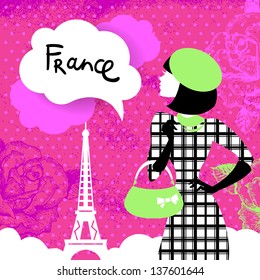 Stylish retro background with shopping woman silhouette in France. Vintage elegant design with hand drawn flowers and symbol of Paris - Eiffel Tower