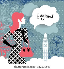 Stylish retro background with shopping woman silhouette in England. Vintage elegant design with hand drawn flowers and symbol of London Big Ben