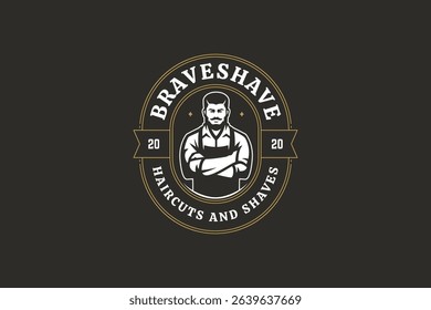 Stylish retro barber logo with confident male portrait, apron, and gold accents, featuring vintage text and circular emblem design. Vector illustration