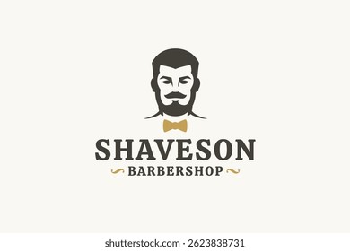 Stylish retro barber logo featuring a gentleman with a beard and bow tie, perfect for barbershop branding. Vector illustration