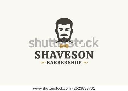 Stylish retro barber logo featuring a gentleman with a beard and bow tie, perfect for barbershop branding. Vector illustration