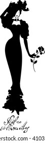 Stylish retro beautiful silhouette for fashion design. Hand-drawn illustration. Body of woman with flowers in her hand. Elegant vector style.