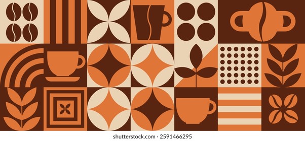 A stylish retro coffee-themed geometric pattern featuring coffee cups, beans, leaves, and abstract shapes in warm brown, orange, and beige tones. Perfect for backgrounds and prints.