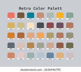 A stylish retro color palette chart featuring 30 uniquely named swatches in warm and muted vintage tones. Perfect for graphic designers, illustrators, and creatives seeking nostalgic color inspiration
