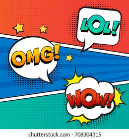 Stylish retro comic speech bubbles set on colorful background. Expression text LOL, OMG, WOW. Vector illustration, vintage design, pop art style.