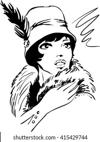 Stylish retro dramatic beautiful model for fashion design. Hand-drawn graphic illustration. Portrait of pretty woman with feathers on her head . Sketch drawing, elegant vector style.