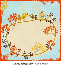 Stylish retro floral background with birds. Greeting card template