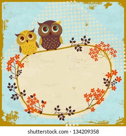 Stylish retro floral background with cute owls. Greeting card template