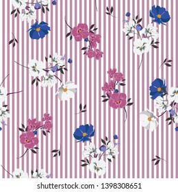 Stylish retro full of blooming flowers and leaves bright mood on purple stripe seamless pattern Design for fashoin fabric ,wallpaper book , card and etc