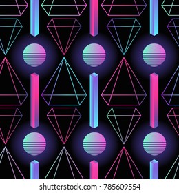 Stylish retro futuristic seamless pattern with gradient colored circles, stripes and polygons on black background. Vector illustration in 1980s style for wrapping paper, backdrop, textile print.