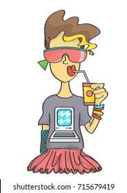 Stylish retro girl in eighties outfit and oversized sunglasses drinking juice, colorful vector cartoon isolated on white background
