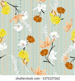 Stylish Retro Hand drawing colorful florals seamless pattern vector on and polka dots line garden mood stylish for fashion ,fabric,web,wallpaper and all prints on vintage grren mint 