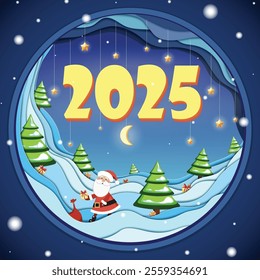 Stylish Retro Holiday Scene Santa, Gifts, Christmas Trees, presents, 2025 inscription and Moonlit Sky in Paper-Cutout Geometric Design