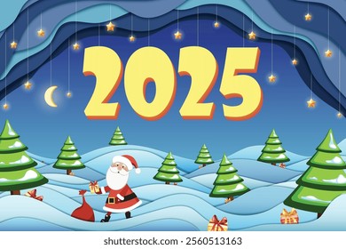 Stylish Retro Holiday Scene Santa, Gifts, Christmas Trees, presents, 2025 inscription and Moonlit Sky in Paper-Cutout Geometric Design