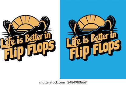 A stylish and retro illustration of a silhouette with a vibrant "Life is Better in Flip Flops" t-shirt Design