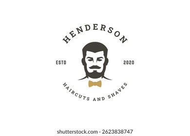 Stylish retro logo featuring a mans silhouette with beard and mustache, bow tie detail, and elegant text elements. Perfect for barbershop branding. Vector illustration