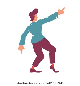 Stylish retro man with hand up flat color vector faceless character. Standing male person back view. Confident old fashioned guy in blue blazer dancing isolated cartoon illustration