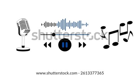A stylish retro microphone with digital audio waveform and musical notes icon representing audio recording, podcasting, or music streaming. The design blends classic and modern audio elements.