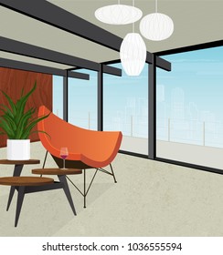 Stylish retro modern home overlooking the city skyline. Mid-century modern coconut chair, retro side table and modern pendant lights depicted in flat style with perspective, minimal detail and shadow.