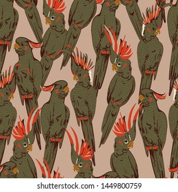 Stylish retro mood hand sketch doodle of yellow cockatoo parrot birds  seamless pattern in vector design for fashion, fabric, web, wallpaper, and all prints on light beige background color