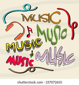 Stylish retro multicolor text of Music with headphone and musical notes.