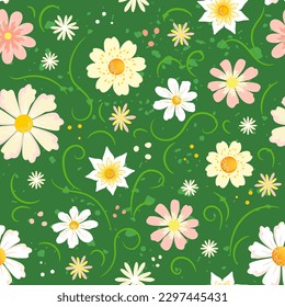 Stylish retro pattern with various daisies and fantasy flowers, squiggles, texture, and dots. Fancy complex feminine seamless background for prints on paper and textile. Hand drawn hippie design