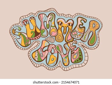 Stylish retro poster. Hippie style illustration. Bright print for t-shirts. Template for stickers, covers, postcards. Background with flowers, sun, rainbow, abstract shapes, lettering. Summer love.