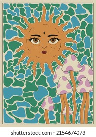 Stylish retro poster. Hippie style illustration. Bright print for t-shirts. Template for stickers, covers, postcards. Background with flowers, sun, mushrooms, abstract shapes.