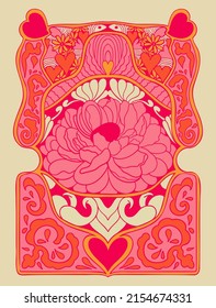 Stylish retro poster. Hippie style illustration. Bright print for t-shirts. Template for stickers, covers, postcards. Background with flowers, hearts, abstract shapes.