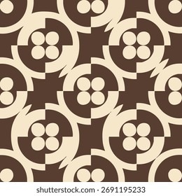 Stylish retro seamless pattern with a continuous geometric design of interlocking circles and abstract shapes in a two-tone brown and beige color scheme