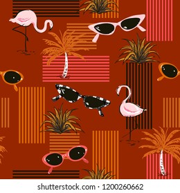 Stylish Retro seamless pattern with hand-drawn flamingo,palm tree, sunglasses. Summer elements with colorful stripes design forfashion,fabric,and all prints on maroon color background