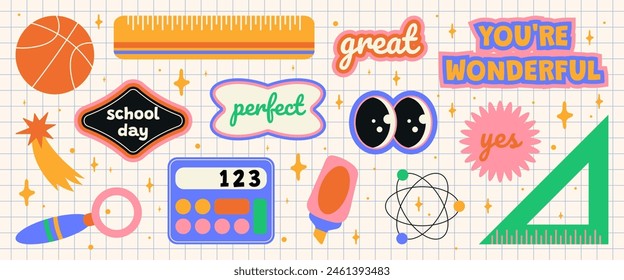 Stylish retro stickers with text and elements for school. Cool school sticker set. Illustrations from the Y2K, 90s era. Marker, eyes, ruler, calculator, magnifying glass, basketball, chemistry