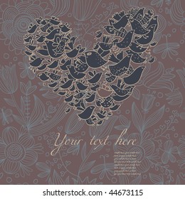 Stylish retro styled romantic background. Heart made of cartoon birds