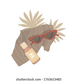 Stylish retro sunglasses in red color. Striped scarf and cosmetic packaging. Sun Cream, Lotion. The inscription on the label SPF 50+. UV protection, summer, skincare, tan. Vector illustration, banner.