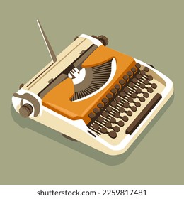 Stylish retro typewriter in bright orange colors as an element for a banner, a flyer and a postcard for the holiday. Writer's Day, poet's Day. Bright equipment on a green background.