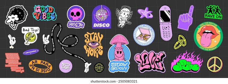 Stylish retro vibe stickers. Сharacters, lettering, patches, groove slogan, graffiti on fashion stickers. Cartoon graphic box, y2k and groovy vibe, acid, psychedelic, trippy, retro rave. Vector set