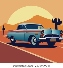 Stylish retro vintage car on a highway, running in the desert on the mountain in the sunset time. Summer road trip adventure, vintage car driving along a scenic coastal highway, Vector illustration