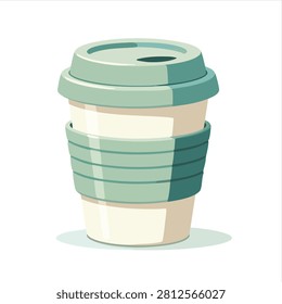 A stylish reusable coffee cup with a light green lid and matching silicone grip isolated on a clean white background