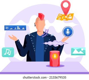 Stylish rocker using dynamic, smart speaker. Voice assistant software agent perform tasks for user. Sound recognition, vote controlled load speaker. Voice activated digital helper, identification