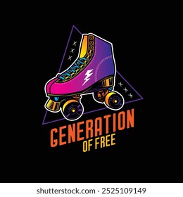 Stylish roller skates on the background of a text composition. Original vector retro emblem. T-shirt design. Hand drawn, not AI