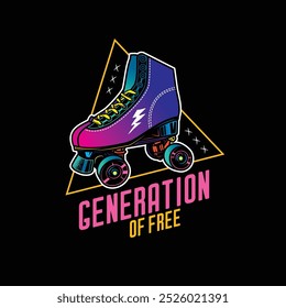 Stylish roller skates on the background of a text composition. Original vector retro emblem. T-shirt design. Hand drawn, not AI