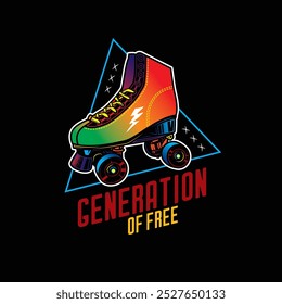 Stylish roller skates on the background of a text composition. Original vector retro emblem. T-shirt design. Hand drawn, not AI