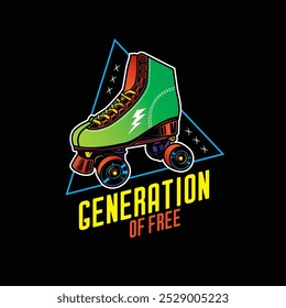 Stylish roller skates on the background of a text composition. Original vector retro emblem. T-shirt design. Hand drawn, not AI