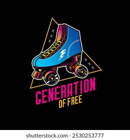 Stylish roller skates on the background of a text composition. Original vector retro emblem. T-shirt design. Hand drawn, not AI