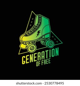 Stylish roller skates on the background of a text composition. Original vector retro emblem. T-shirt design. Hand drawn, not AI