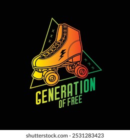 Stylish roller skates on the background of a text composition. Original vector retro emblem. T-shirt design. Hand drawn, not AI