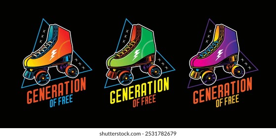 Stylish roller skates on the background of a text composition. Original vector retro emblem. T-shirt design. Hand drawn, not AI