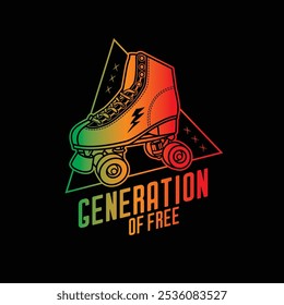 Stylish roller skates on the background of a text composition. Original vector retro emblem. T-shirt design. Hand drawn, not AI